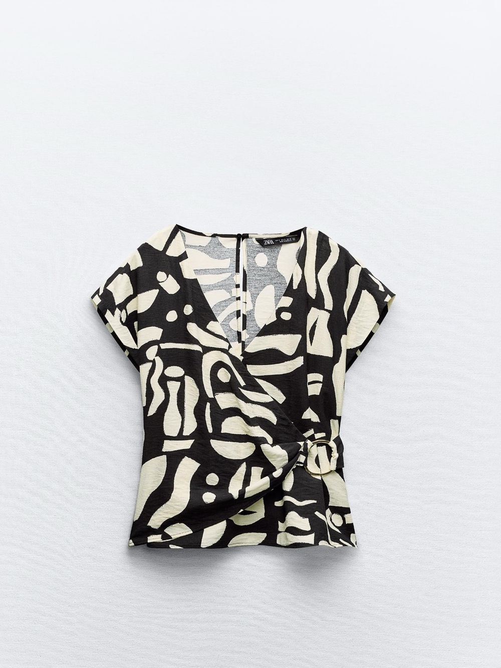 ZARA Black and Cream Abstract Wrap-Style Blouse with Side Knot